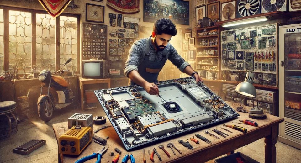 A realistic photo of an Indian technician in a repair shop performing an LED TV screen replacement. The technician is carefully handling an LED TV wit