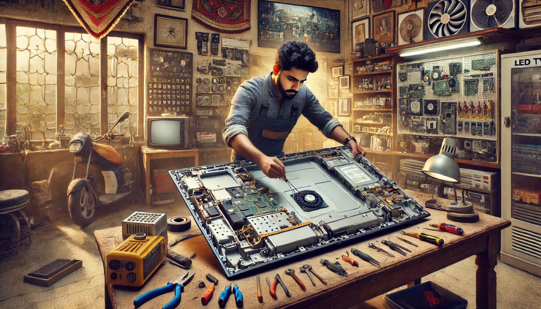 A realistic photo of an Indian technician in a repair shop performing an LED TV screen replacement. The technician is carefully handling an LED TV wit